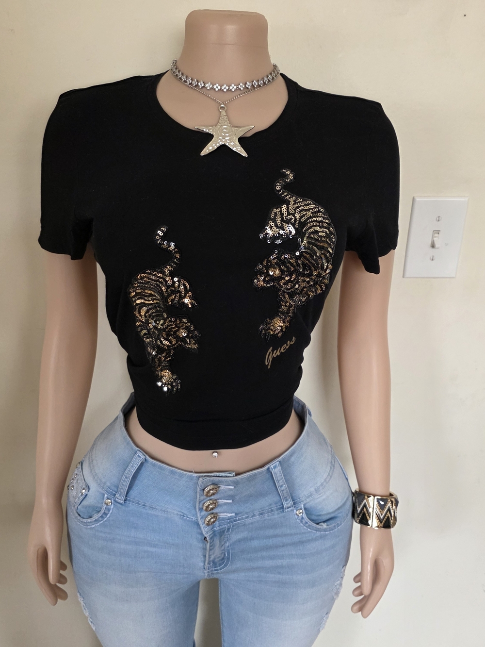 Guess Black Sequin Tiger Top